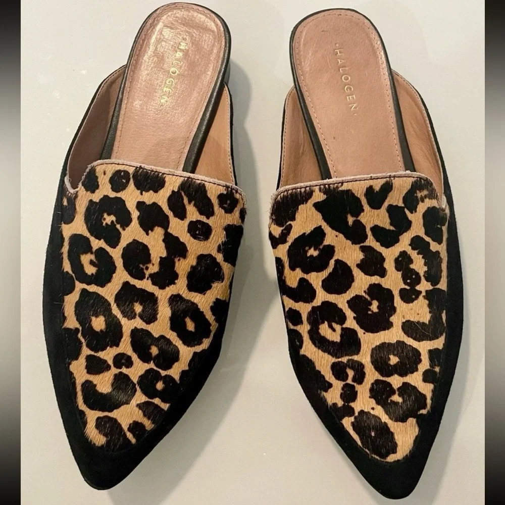 Halogen Corbin Leopard Calf Hair Pointed Mules 6